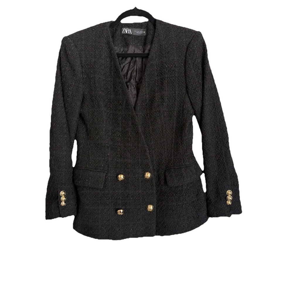 Zara Black Gold‎ Button Blazer Jacket Lined Pockets Long Sleeve Women's S